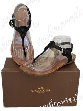 COACH “Clarkson” Black
w/ Silver Hardware Leather Slingback T-Strap Thong Sandal